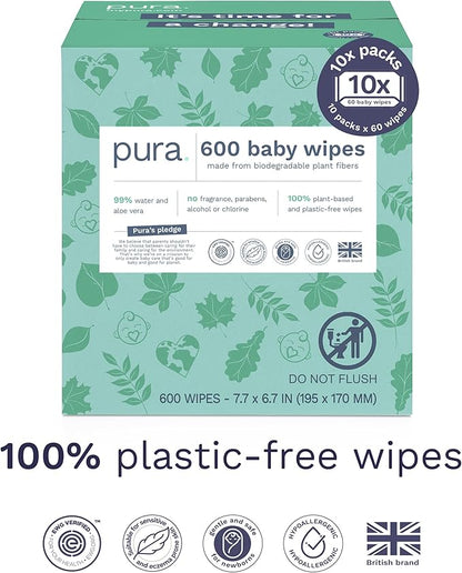 Pura Natural Sensitive Baby Wipes, 99% Water, Unscented & Hypoallergenic, Suitable for Sensitive & Eczema-prone Skin, Hypoallergenic, EWG Verified, 10 Pack of 60 Wet Wipes (600 Diaper Wipes) Bulk Buy