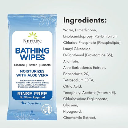 Nurture Rinse Free Bathing Wipes for Adults w/Aloe | Waterless Cleansing for sensitive skin | Disposable Adult Body Bath Wet Wipe for Disabled Bedridden | 64 wipes