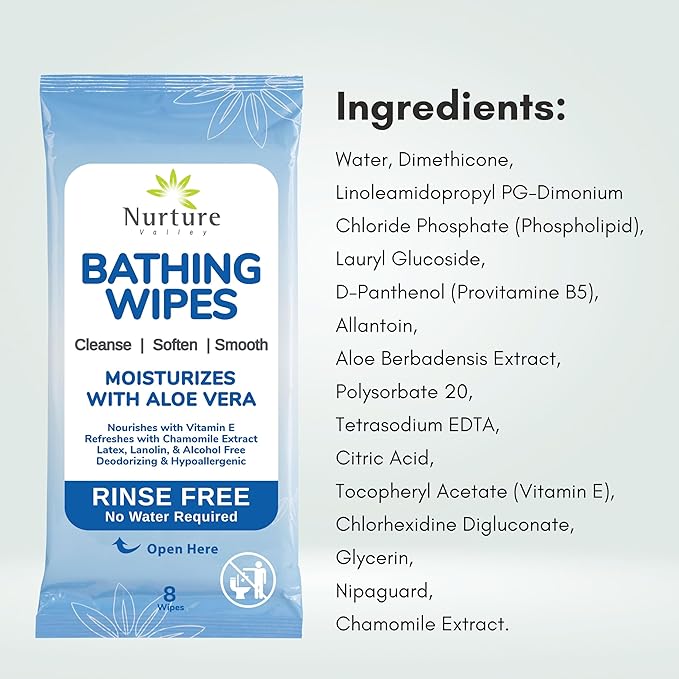 Nurture Rinse Free Bathing Wipes for Adults w/Aloe | Waterless Cleansing for Sensitive Skin | Disposable Adult Body Bath Wet Wipe for Disabled, Bedridden | 192 wipes