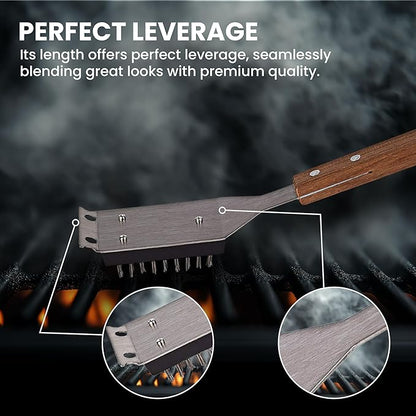 Grill Brush and Scraper for Barbecue with Replaceable Stainless Steel Bristles Head – Grill Brush for Outdoor Grill with Extended 15” Large Wooden Handle -No Scratch on Grill