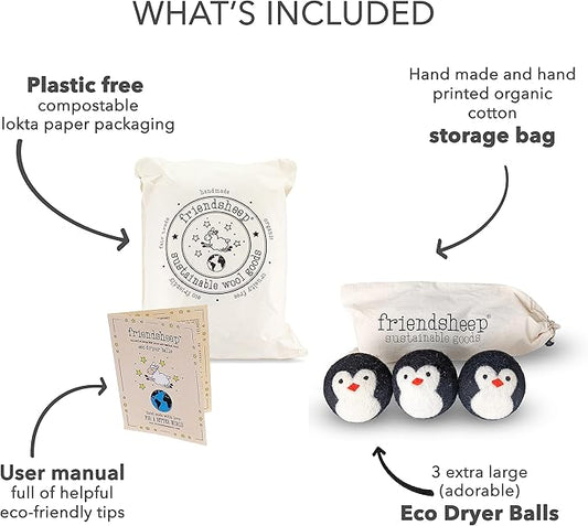 Wool Dryer Balls by Friendsheep 3 Pack XL Organic Premium Reusable Cruelty Free Handmade Fair Trade No Lint Fabric Softener Penguin Trio