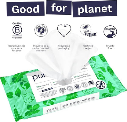 Pura Natural Sensitive Baby Wipes, 99% Water, Unscented & Hypoallergenic, Suitable for Sensitive & Eczema-prone Skin, Fragrance Free & Hypoallergenic, EWG Verified, 1 Pack of 60 Wet Wipes