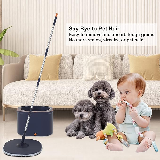 MOLACHI Flat Floor Mop and Bucket System Set with Wringer, Self Wringing Microfiber Spin Mops Bucket for Hardwood, Laminate, Tile, Floor Cleaning, Separate Dirty Water, Wet and Dry Use, Navy Blue