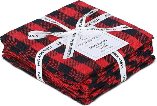 100% Cotton Dish Cloths (Pack of 6) - Dish Rags for Washing Dishes - Reusable & Highly Absorbent Kitchen Towels - Multipurpose Kitchen Rags - (12" x 12" - Black & Red Checkered)