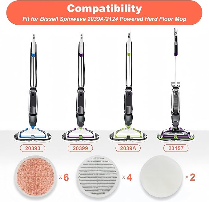 Replacement Pads for Bissell Spinwave Mop: 6 Pads for Bissell Spinwave/Spin Wave/Crosswave,Expert/Pet/Cordless Hard Floor,2124 20393 2039a 20399 2039w 23159 23157 Spin Mop Cleaner Scrub/Scrubber Pads
