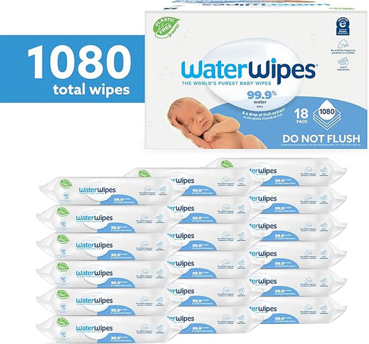 WaterWipes Plastic-Free Original Baby Wipes, 99.9% Water Based Wipes, Unscented & Hypoallergenic for Sensitive Skin, 1080 Count (18 packs)