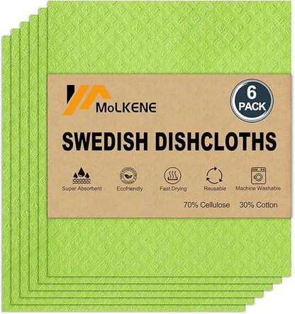 Swedish Dishcloths for Kitchen | 6 Pack Absorbent Cellulose Sponge Cloths Washable | Non-Scratch Reusable Paper Towels Quick Drying Cleaning Cloths - Lime Green