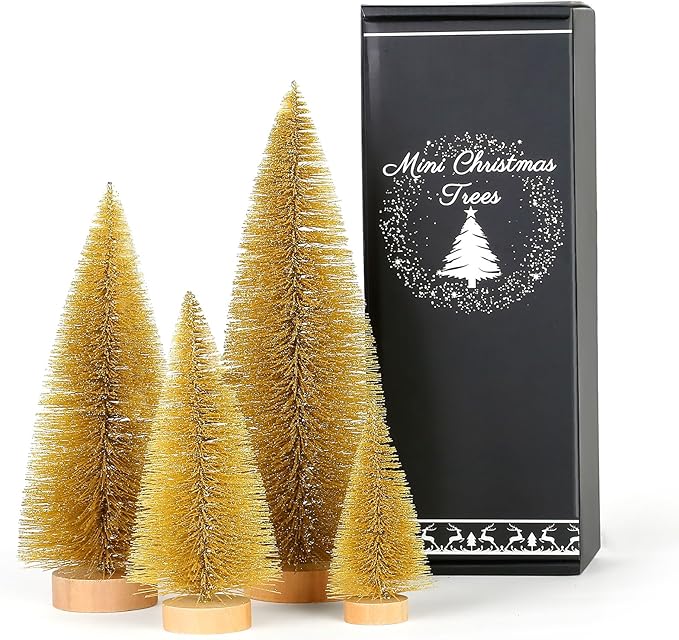 SITUMEIZI Gold Bottle Brush Christmas Trees - Artificial Small Xmas Tree Gifts 4 Pc Mini Gold Trees for Christmas Decor