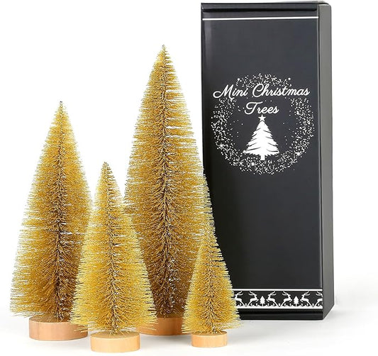 SITUMEIZI Gold Bottle Brush Christmas Trees - Artificial Small Xmas Tree Gifts 4 Pc Mini Gold Trees for Christmas Decor