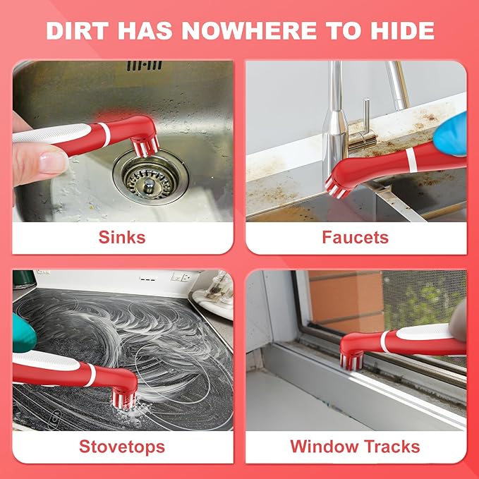 Rechargeable Electric Cleaning Brush with 4 in 1 Multiple Brush Heads and USB Cable, Indoor Household Cordless Motorized Brush for Bathroom Toilet Kitchen Tile Crevice (White & Red)