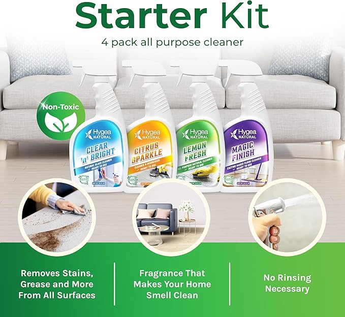 Cleaning Supplies Kit All Purpose Cleaners, Citrus Degreaser, Floor and Tile Cleaner, Window, Glass and Mirror Cleaner- No Harsh Chemicals, Family safe - 4 Pack 24 oz Sprays
