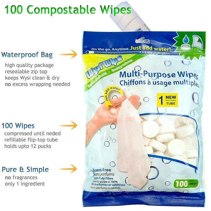 Multi-Purpose Wipes - Just Add Water - 100 Compressed Tablets & 1 To Go Tube - Multipurpose All Natural Reusable Wipes - Biodegradable Towelettes - Hypoallergenic - Compostable - Scent-Free.