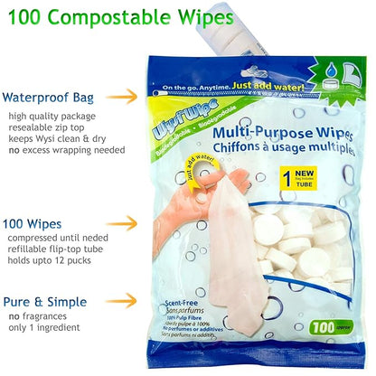 Multi-Purpose Wipes - Just Add Water - 100 Compressed Tablets & 1 To Go Tube - Multipurpose All Natural Reusable Wipes - Biodegradable Towelettes - Hypoallergenic - Compostable - Scent-Free.