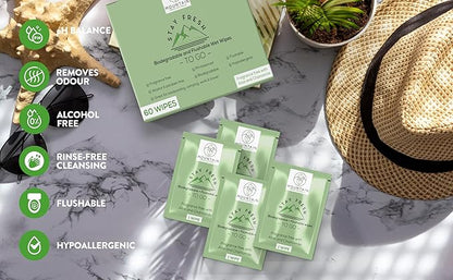 STAY FRESH (60 Flushable Wipes to-Go) - PH Balanced, Travel sized, Unscented with Aloe, Chamomile and Rose extract.
