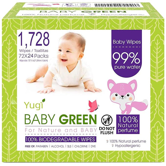 Yugi Green Baby Wipes with Essential Oils for Sensitive Skin & Nose Wipe. Plant-Based, and Organic, Plastic FREE, 1,728 Count (24 Packs of 72)