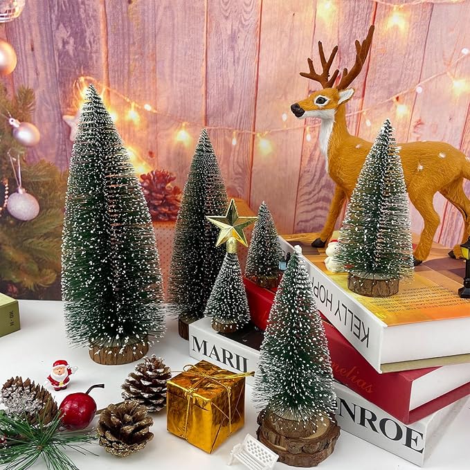 Artificial mini Bottle Brush Christmas Trees for Christmas Decoration Table top Christmas Tree with Base Indoor Christmas Decorations （4/6/8/10/12 inch）