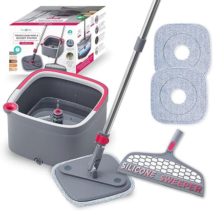 True & Tidy True Clean Spin Mop & Bucket System – Dual Compartment Design for Clean & Dirty Water, 360° Swivel Mop Head, Built-in Scrubbing Brush, Stainless Steel Handle & 2 Reusable Microfiber Pads