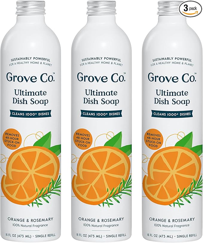 Grove Co. Ultimate Dish Soap Refills (3 x 16 Fl Oz) Removes 48-hr Stuck-on Food & Grease, No Plastic or Parabens, 100% Natural Orange & Rosemary Fragrance