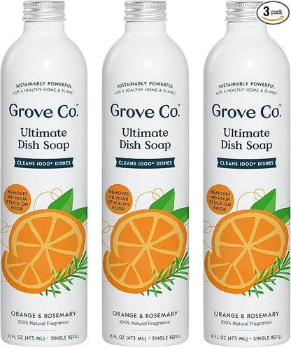Grove Co. Ultimate Dish Soap Refills (3 x 16 Fl Oz) Removes 48-hr Stuck-on Food & Grease, No Plastic or Parabens, 100% Natural Orange & Rosemary Fragrance