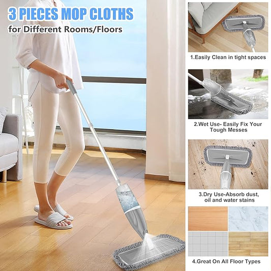 Microfiber Spray Mops for Floors Cleaning,EXEGO Dust Mop Wet Mop with 3 Washable Pads,440ML Refillable Water Tank and 1 Scraper Floor Mop for Hardwood,Laminate Floors,Ceramic