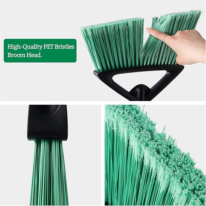 Eyliden Broom, Angle Broom with 57" Long Handle - Fit Heavy-Duty Cleaning, Also Works Well Fine Dust - Commercial Outdoor Indoor Sweeper for Courtyard, Sidewalk, Deck, Kitchen, Lobby, Garage, Green