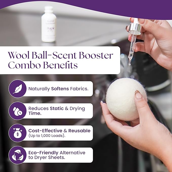 Wool Dryer Balls with Scent Booster – Reusable Dryer Balls for Laundry, Softens Fabrics, Reduces Static, Includes Scent Booster - Linen & Sunshine 1 Oz