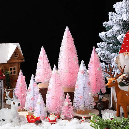 Leyndo 9 Pcs Pink Pearl Color Mini Sisal Bottle Brush Trees Small Artificial Christmas Tree with Wood Base Christmas Pine Decor for Winter Home Table Party Decor