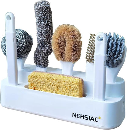 Kitchen Cleaning Brush Set of 7 with Handles and Base, Includes Pot, Bottle, Dishwashing, Crevice Cleaning Brushes, Hangable for Kitchen Countertops, Sinks, Pots, Pans, Dishware