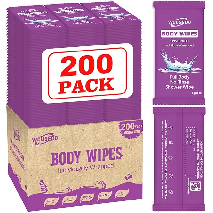 200 Pcs Body Wipes Individually Wrapped(8" x 9.5"),Shower Wipes for Adults Bathing No Rinse,Personal Cleansing Wipes for Travel Gym,Bulk Deodorant for Homeless