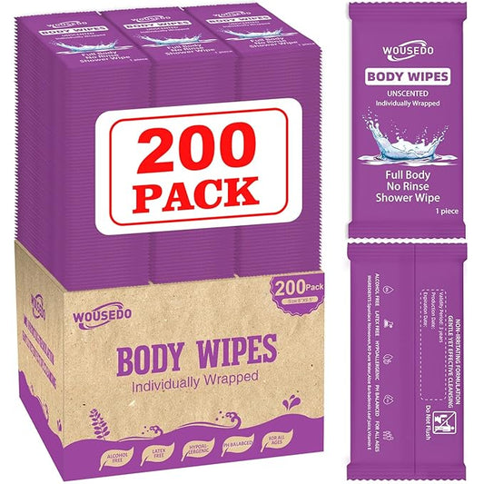 200 Pcs Body Wipes Individually Wrapped(8" x 9.5"),Shower Wipes for Adults Bathing No Rinse,Personal Cleansing Wipes for Travel Gym,Bulk Deodorant for Homeless