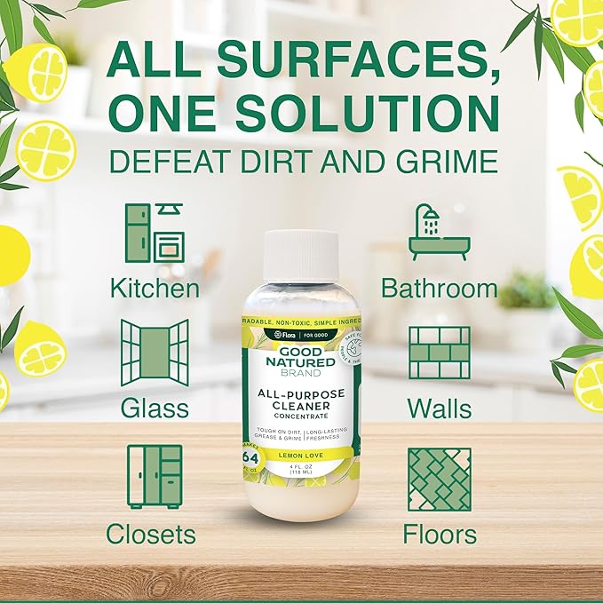 Good Natured Brand All-Purpose Cleaner Concentrate + 16 oz Bottle | Multi-Surface Cleaner | Natural Lemon Essential Oil | Multipurpose Cleaner All Surfaces | Lemon Love | 4oz makes 64oz