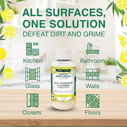 Good Natured Brand All-Purpose Cleaner Concentrate + 16 oz Bottle | Multi-Surface Cleaner | Natural Lemon Essential Oil | Multipurpose Cleaner All Surfaces | Lemon Love | 4oz makes 64oz