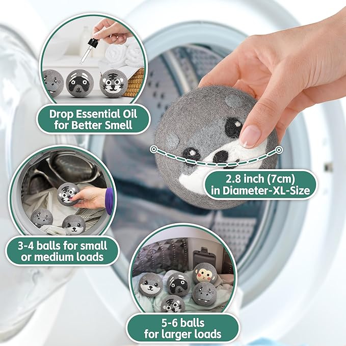 Lypumso Wool Dryer Balls Organic 6 Pack-XL, 100% New Zealand Wool Reusable Fabric Softener for Up to 1000 Loads, Anti Clothing Static and Shorten Drying Time, Baby Safe & Hypoallergenic