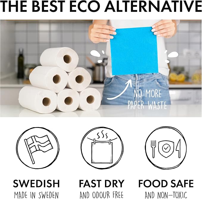 SUPERSCANDI 6 Pack Swedish Dishcloths for Kitchen - 100% Biodegradable & Compostable Reusable Paper Towels Washable, Food-Safe & Without Plastic - Dish Rags Suitable for Any Surface, Apple Green