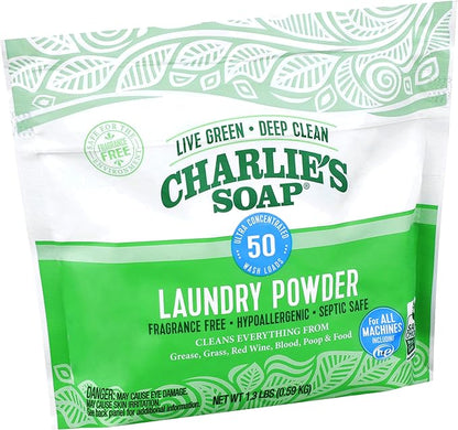 Charlie's Soap - Unscented Laundry Powder 50 Loads (Six 50-load Bags, 300 Total Loads)