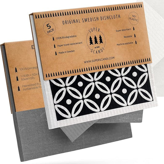 SUPERSCANDI Most Popular Bundle (10 Pack Grey Cloths + 5 Pack Scandi Prints) Swedish Dishcloths Reusable Compostable Made in Sweden Cellulose Sponge Dish Cloths