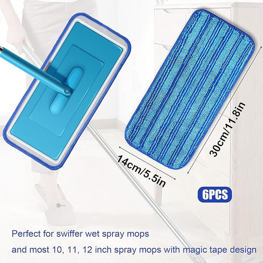 6pcs Mop Pads Refills, Reusable Spray Mop Pads Replacement Washable Microfiber Wet Mopping Pads Dry Sweeping Cloths Refills Wet Jet Pads Compatible with Swiffer (Blue)