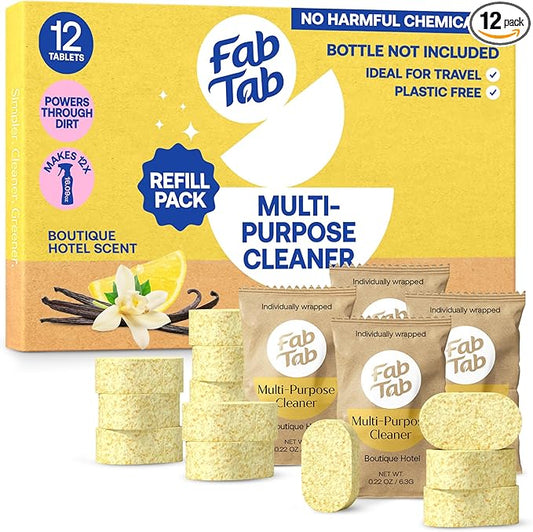 Fabtab Sustainable Cleaning - All Purpose Refill Spray Tablets - Multi-surface Cleaning Spray Refill - Plant-based - Multi Purpose Cleaner Refill Tablet 12 Count - (Bottle Not Included)