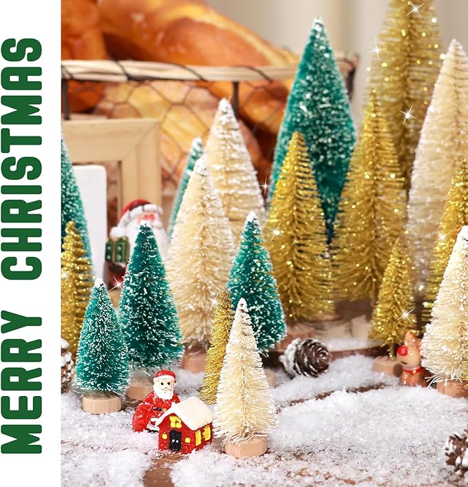Set of 35PCS Mini Christmas Tree, Christmas Pine Cones, 2oz Fake Snow Powder, Mixed Christmas Decoration, Xmas Village Displays Winter DIY Crafts (Green-Golden-Beige)