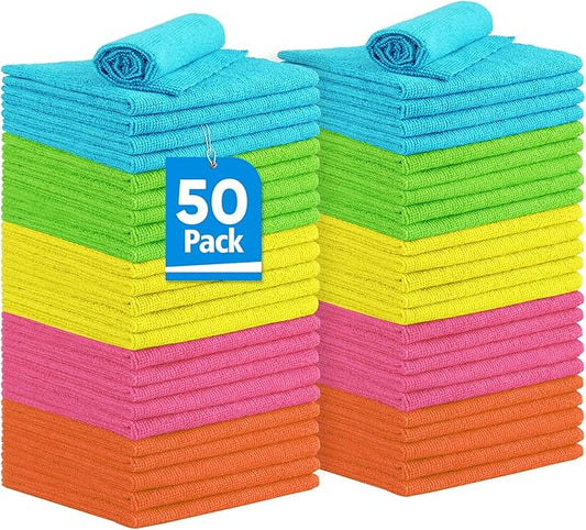 Microfiber Cleaning Cloth, 50PK Reusable Shop Rags Bulk Microfiber Cleaning Cloth Lint Free Cleaning Towels for Car Kitchen Automotive Bar Mechanic Restaurant Garage, 11.5"x11.5", Multicolor