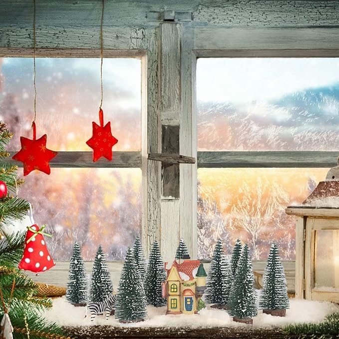 10PCS 4inch Mini Snow Frost Trees Mini Christmas Tree Plastic Winter Snow Ornaments Tabletop Trees for Holiday Party DIY Room Decor Home Table Top Christmas Decoration (Green)