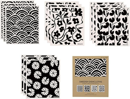 RECYCO Reusable Dish Cloth 12 Pack Swedish Dish Clothes for Kitchen Counter Cotton Cellulose Absorbent Machine Washable Plant Based Okeo Tex Standard 100 Sponge Wipes Women Owned (Black & White)