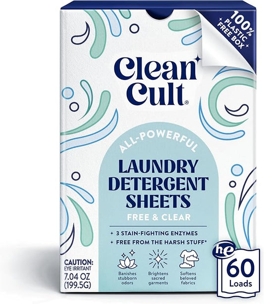 Cleancult Laundry Detergent Sheets - Resealable Box - 3 Stain Fighting Enzymes - Fragrance Free - 60 Loads - Free of Harsh Chemicals - No Mess - No Plastic Waste