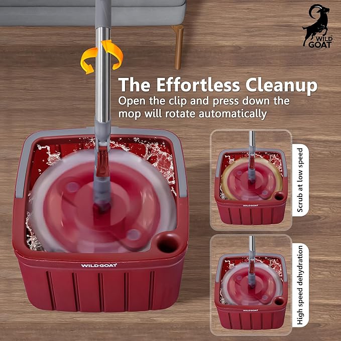WILD GOAT Clean Water Spin Mop - Including 3 Heavy Duty Machine Washable Cleaning Pads with Wall Mountable Mop Holder - Dual-Chamber Bucket, Separates Clean & Dirty Water - 360° Rotatable Mop Head