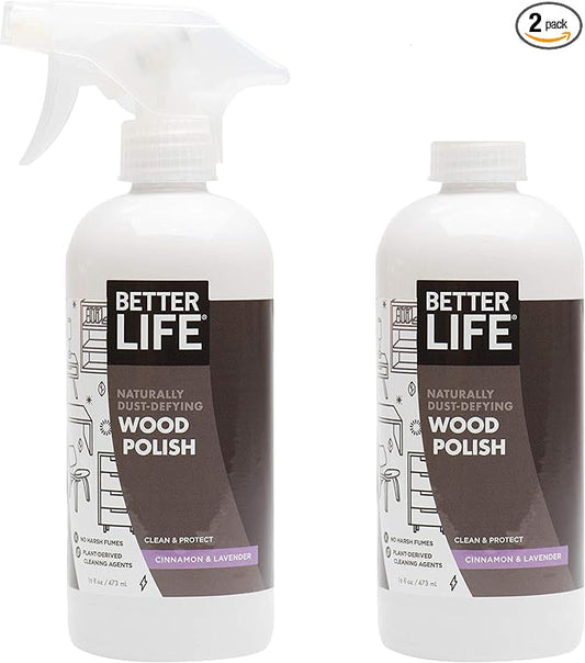 BETTER LIFE Wood Furniture Polish - Wood Cleaner & Dusting Spray for Tables, Banisters or Floor - Great Wood Seasoning for Old Wooden Cabinet, Antique Restorer - 16oz (2Pack) Cinnamon & Lavender