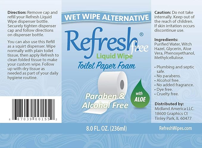 Refresh Liquid Wipe Free: Toilet Paper Foam Dispenser Refill for Sensitive Skin. Eco-Friendly Flushable Wet Wipe Alternative with Witch Hazel and Aloe. 8 oz Refill.…