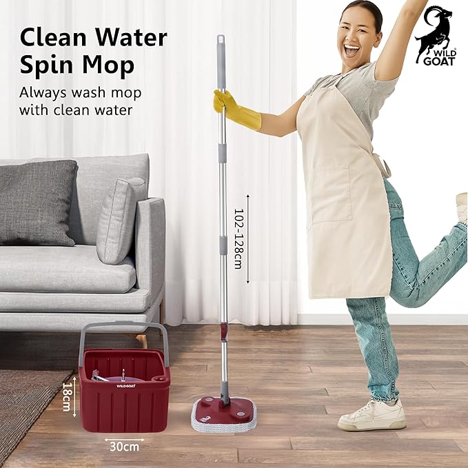 WILD GOAT Clean Water Spin Mop - Including 3 Heavy Duty Machine Washable Cleaning Pads with Wall Mountable Mop Holder - Dual-Chamber Bucket, Separates Clean & Dirty Water - 360° Rotatable Mop Head