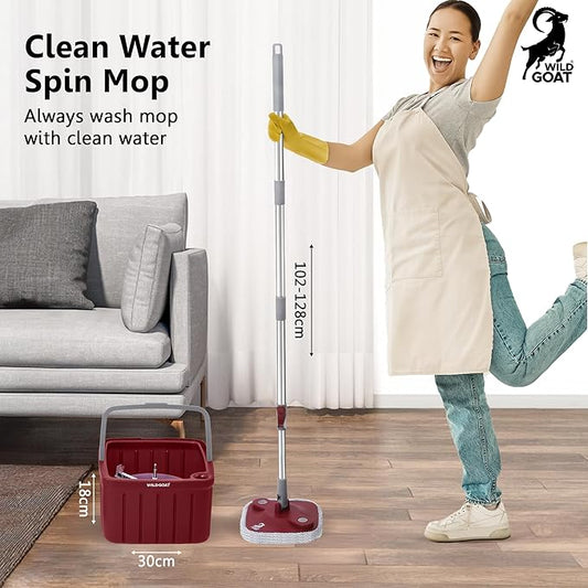 WILD GOAT Clean Water Spin Mop - Including 3 Heavy Duty Machine Washable Cleaning Pads with Wall Mountable Mop Holder - Dual-Chamber Bucket, Separates Clean & Dirty Water - 360° Rotatable Mop Head
