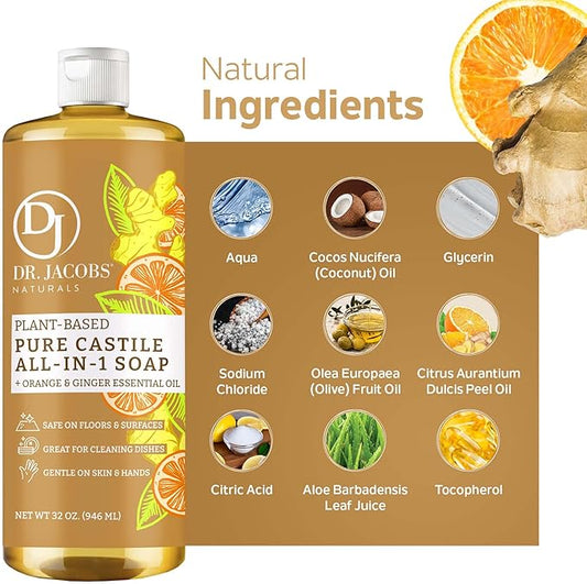Dr. Jacobs Naturals Orange + Ginger Castile All-In-One Cleaner and Soap, Effective Plant-Based Formula for House Cleaning. Eco-friendly for Home Essentials and the Planet (32 Fl Oz, 2 Pack)