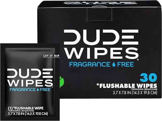 DUDE Wipes - On-The-Go Flushable Wipes - 1 Pack, 30 Wipes - Unscented Extra-Large Individually Wrapped Adult Wet Wipes - Vitamin E & Aloe - Septic and Sewer Safe